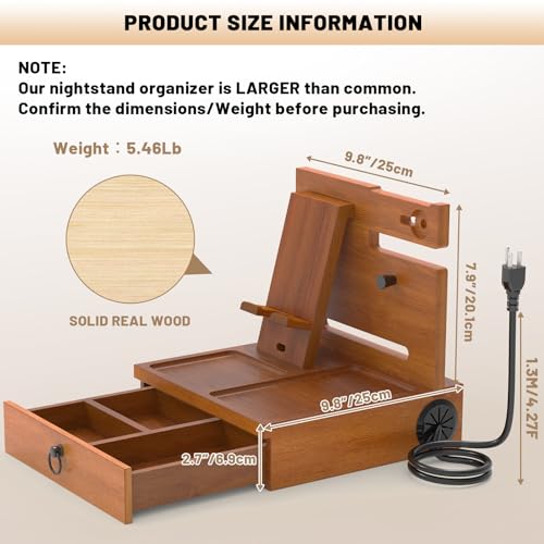 Zaldia Wood Phone Docking Station with USB Ports and Outlets, Nightstand Organizer with Charging Station, Bedside Organizer with Drawer for Watch & Accessories, Christmas Anniversary Birthday Gifts for Men - Image 4