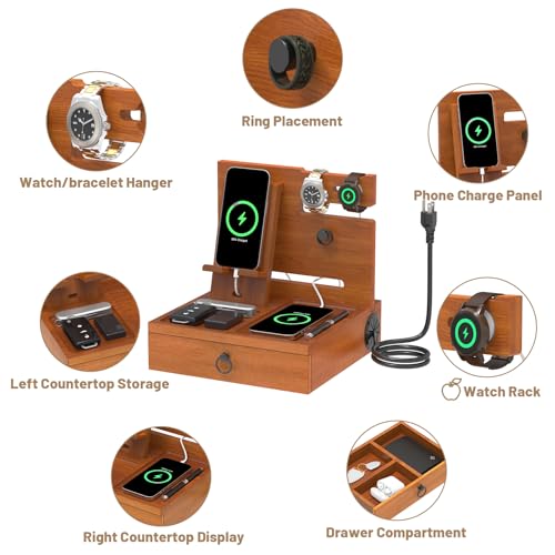 Zaldia Wood Phone Docking Station with USB Ports and Outlets, Nightstand Organizer with Charging Station, Bedside Organizer with Drawer for Watch & Accessories, Christmas Anniversary Birthday Gifts for Men - Image 5