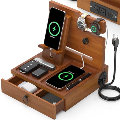 Zaldia Wood Phone Docking Station with USB Ports and Outlets, Nightstand Organizer with Charging Station, Bedside Organizer with Drawer for Watch & Accessories, Christmas Anniversary Birthday Gifts for Men - Image 1