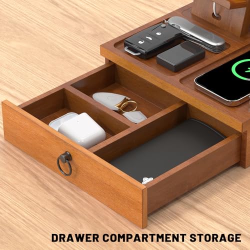 Zaldia Wood Phone Docking Station with USB Ports and Outlets, Nightstand Organizer with Charging Station, Bedside Organizer with Drawer for Watch & Accessories, Christmas Anniversary Birthday Gifts for Men - Image 3