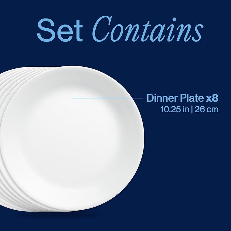 كوريل 1 Corelle Vitrelle طقم أطباق عشاء من 8 قطع، زجاج ثلاثي الطبقات ومقاوم للكسر، أطباق دائرية خفيفة الوزن، أبيض صقيع الشتاء - Image 3