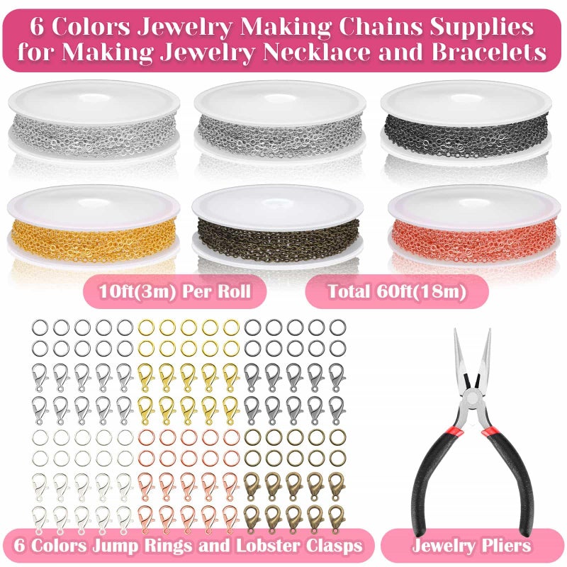 selizo Chains for Jewelry Making, 60ft Jewelry Making Chains for Necklace with Pliers, Open Jump Rings and Lobster Clasps for Making Jewelry DIY Necklace Bracelet Anklet, 6Colors 2mm - Image 3