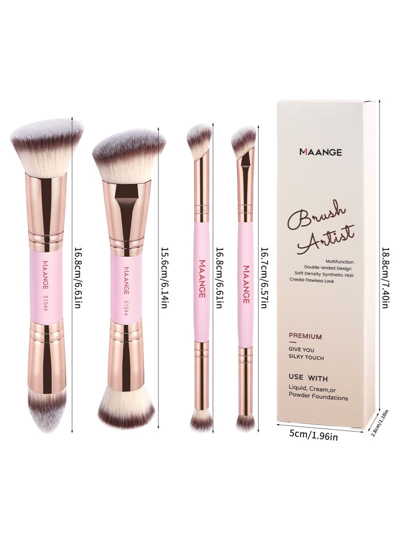 MAANGE 4-Piece Double-Ended Makeup Brush Set – Foundation, Contour, Blush & Eyeshadow Brushes – Travel-Friendly & Gift-Ready,Gold/Pink - Image 4