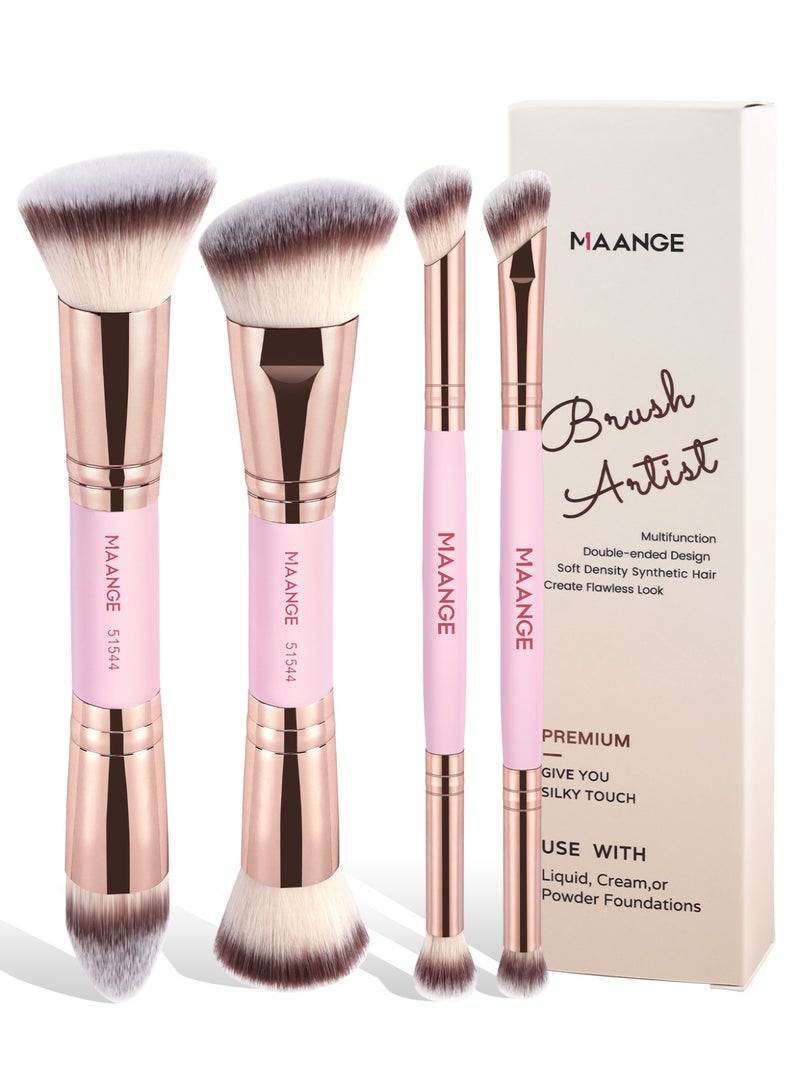 MAANGE 4-Piece Double-Ended Makeup Brush Set – Foundation, Contour, Blush & Eyeshadow Brushes – Travel-Friendly & Gift-Ready,Gold/Pink - Image 1
