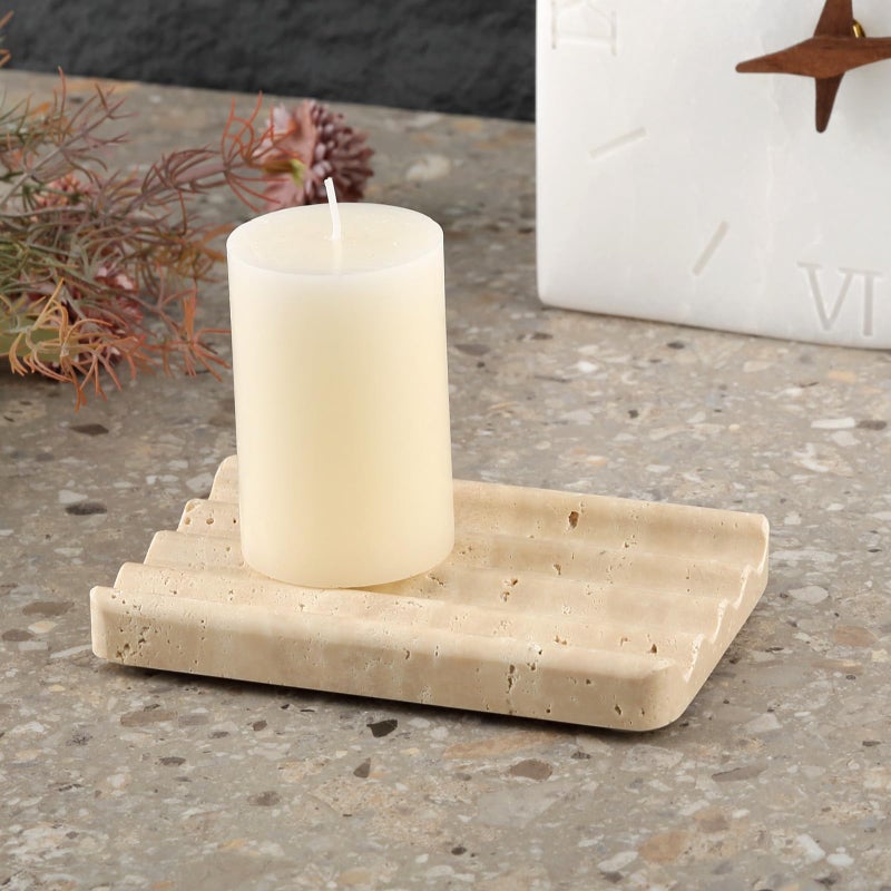 Karibiber Marble Soap Dish, Beige Travertine Bar Soap Holder Shower, Large Bathroom Soaps Saver, Easy Cleaning Natural Stone Sponge Holder for Kitchen Sink, Executive Jewelry Ring Tray - Image 4