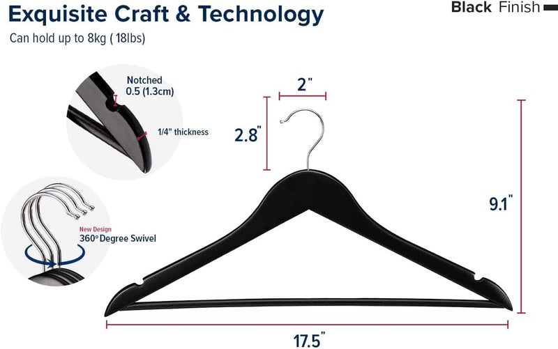 MOONCEE Wooden Hangers - Non Slip Wood Clothes Hanger for Suits, Pants, 360° Swivel Hook علاقات ملابس Heavy Duty Clothing Hanger Set - Coat Hangers for Closet (Black-20 Pack) - Image 3
