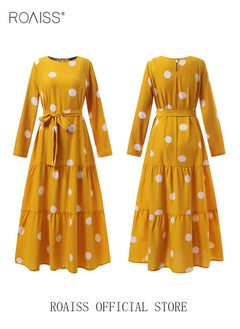 roaiss Women Spring Muslim Dress Elegant Casual Loose Abaya Long Sleeved Polka Dots Printed Maxi Robe  - Image 2