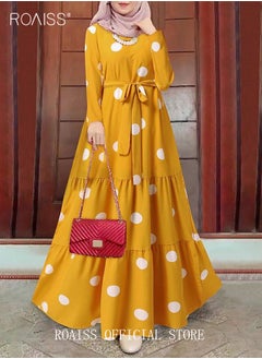 roaiss Women Spring Muslim Dress Elegant Casual Loose Abaya Long Sleeved Polka Dots Printed Maxi Robe  - Image 1