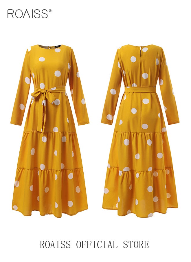 roaiss - Women Spring Muslim Dress Elegant Casual Loose Abaya Long Sleeved Polka Dots Printed Maxi Robe - Image 1