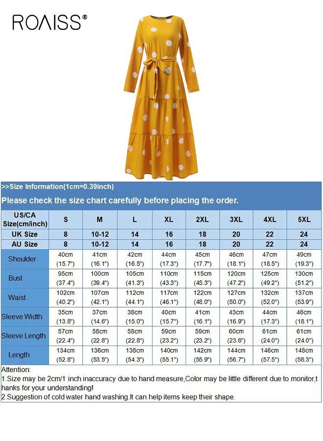 roaiss Women Polka Dot Frock with Belt, Round Neck Long Sleeve A-Line Dress, Stylish Elegant Maxi Dress for Ladies, Perfect for Daily Wear and Outdoor Activities - Image 5