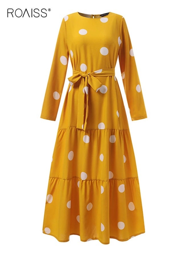 roaiss Women Polka Dot Frock with Belt, Round Neck Long Sleeve A-Line Dress, Stylish Elegant Maxi Dress for Ladies, Perfect for Daily Wear and Outdoor Activities - Image 2