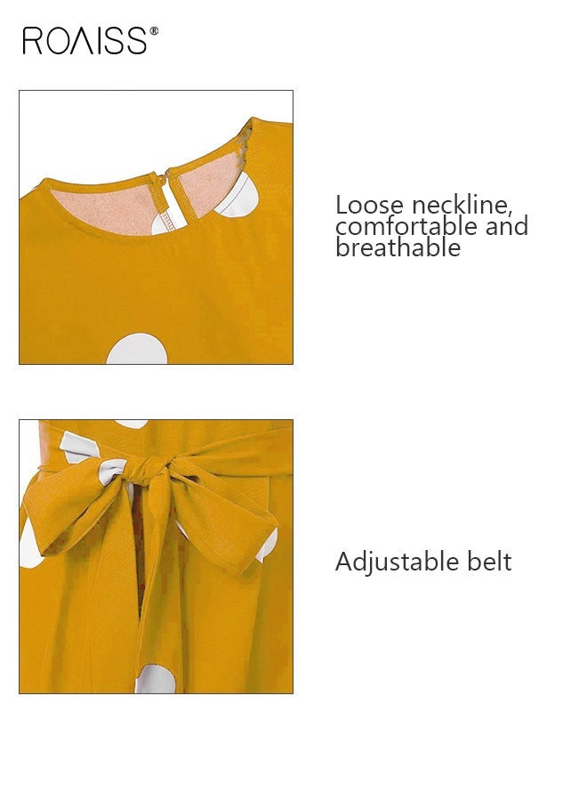 roaiss Women Polka Dot Frock with Belt, Round Neck Long Sleeve A-Line Dress, Stylish Elegant Maxi Dress for Ladies, Perfect for Daily Wear and Outdoor Activities - Image 3