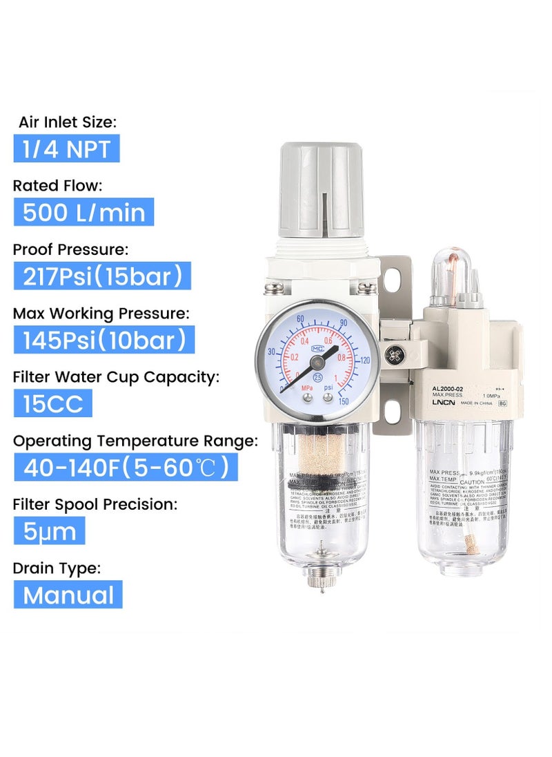 Excefore - 1/4 Inch NPT Compressed Air Filter Air Pressure Regulator Water-oil Separator Trap Filter with Lubricator Cup - Image 1