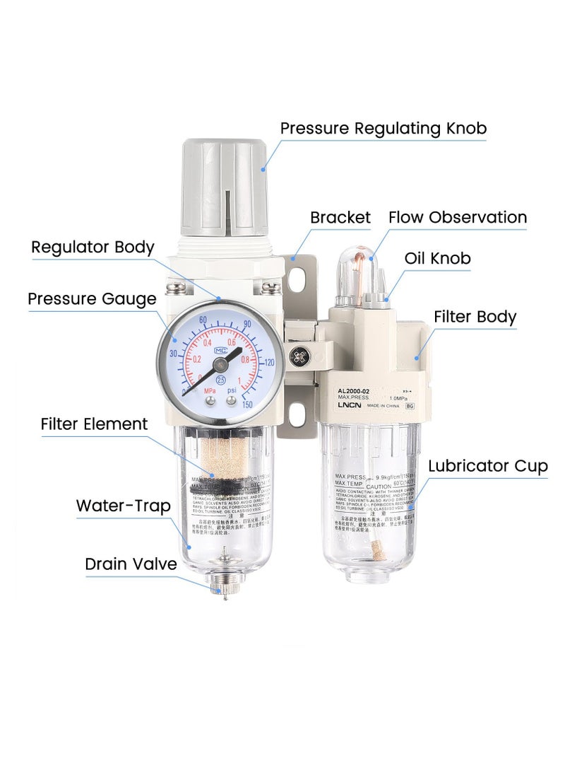 Excefore - 1/4 Inch NPT Compressed Air Filter Air Pressure Regulator Water-oil Separator Trap Filter with Lubricator Cup - Image 1
