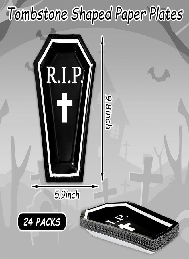 Whaline صحون ورقية على شكل تابوت هالوين 24 قطعة من واهلين، صحون قابلة للتصرف باللونين الأسود والأبيض لمستلزمات الحفلات وزينة الطاولة، 9.8 × 5.9 بوصة - Image 2