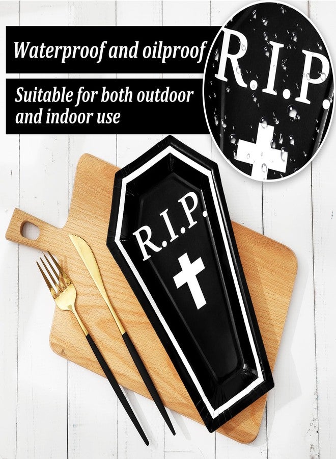 Whaline صحون ورقية على شكل تابوت هالوين 24 قطعة من واهلين، صحون قابلة للتصرف باللونين الأسود والأبيض لمستلزمات الحفلات وزينة الطاولة، 9.8 × 5.9 بوصة - Image 3