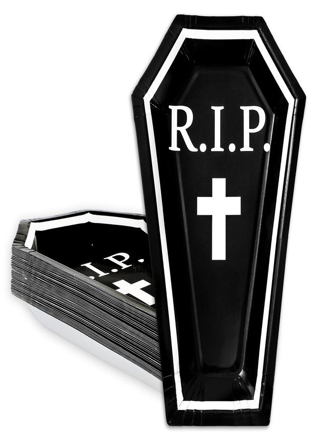 Whaline صحون ورقية على شكل تابوت هالوين 24 قطعة من واهلين، صحون قابلة للتصرف باللونين الأسود والأبيض لمستلزمات الحفلات وزينة الطاولة، 9.8 × 5.9 بوصة - Image 1