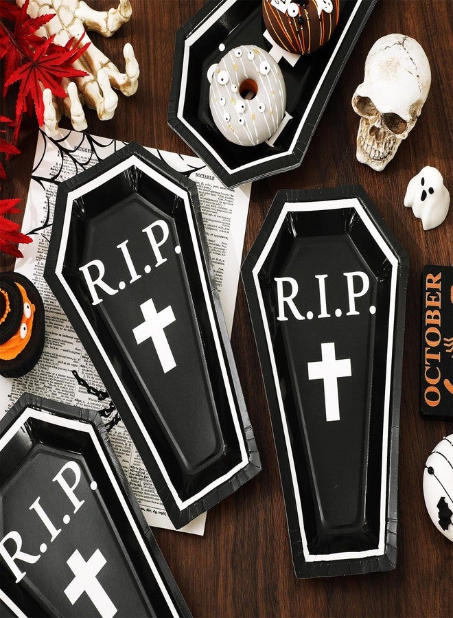 Whaline صحون ورقية على شكل تابوت هالوين 24 قطعة من واهلين، صحون قابلة للتصرف باللونين الأسود والأبيض لمستلزمات الحفلات وزينة الطاولة، 9.8 × 5.9 بوصة - Image 4