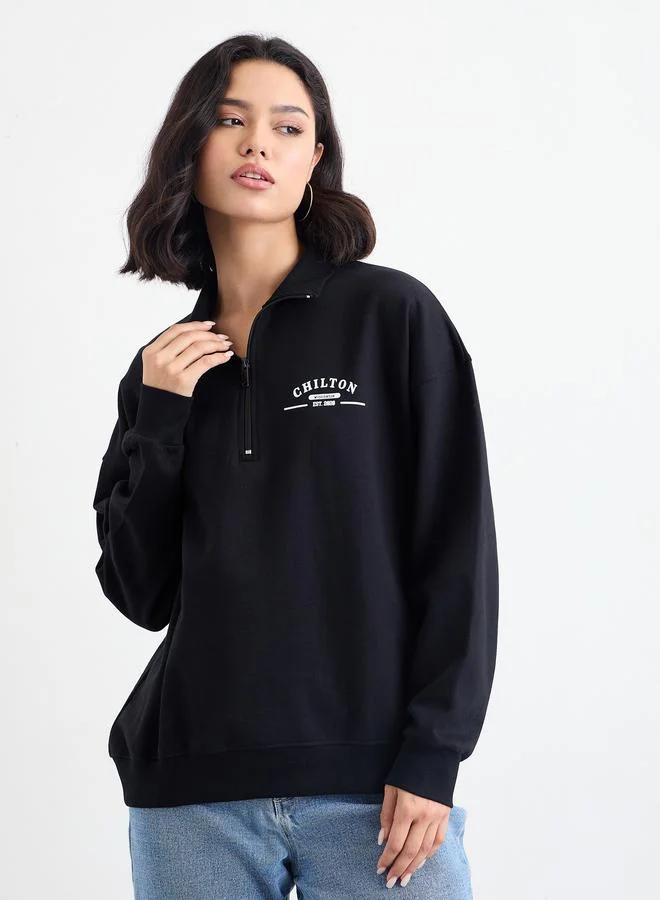 ستايلي Styli Regular Fit Slogan Sweatshirt with Half Zip