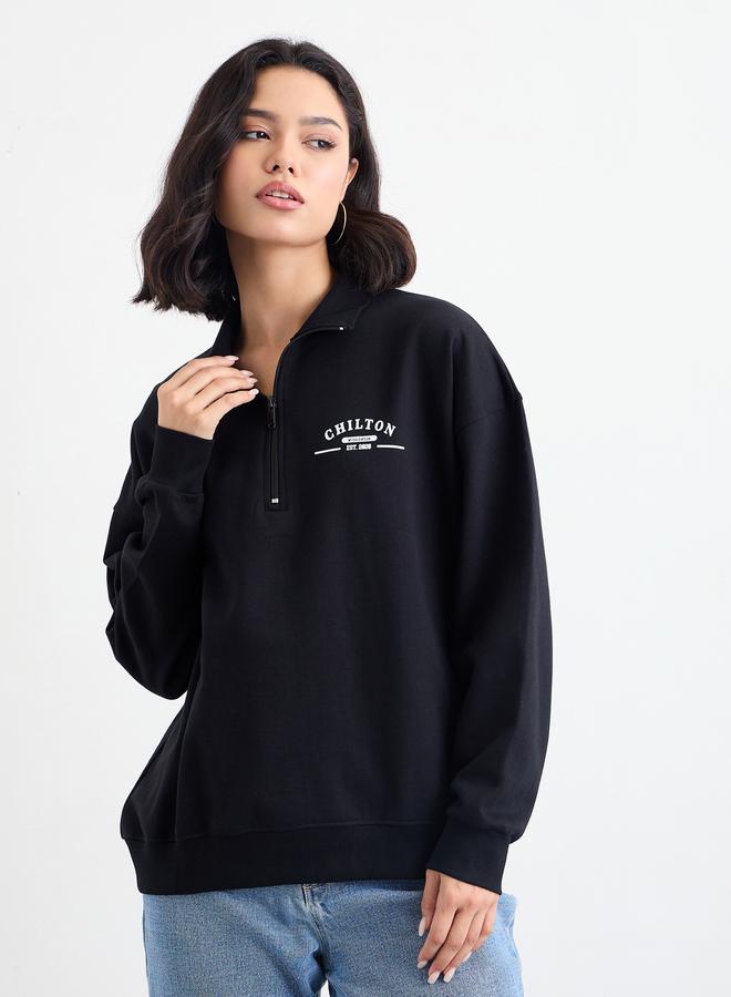 Styli Regular Fit Slogan Sweatshirt with Half Zip - Image 2
