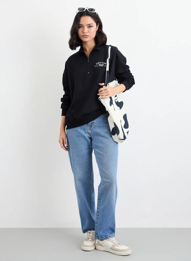 ستايلي Styli Regular Fit Slogan Sweatshirt with Half Zip