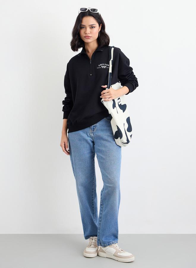 Styli Regular Fit Slogan Sweatshirt with Half Zip - Image 1