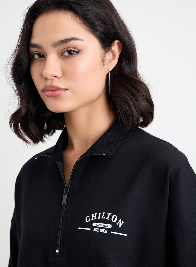 Styli Regular Fit Slogan Sweatshirt with Half Zip - Image 3