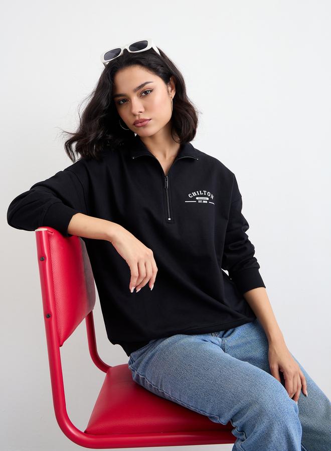 Styli Regular Fit Slogan Sweatshirt with Half Zip - Image 5