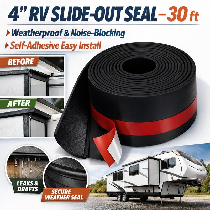 Wadoy 4 Inch RV Slide Out Seal - 30 Ft Black Rubber Weather Stripping with Adhesive Tape - Image 2