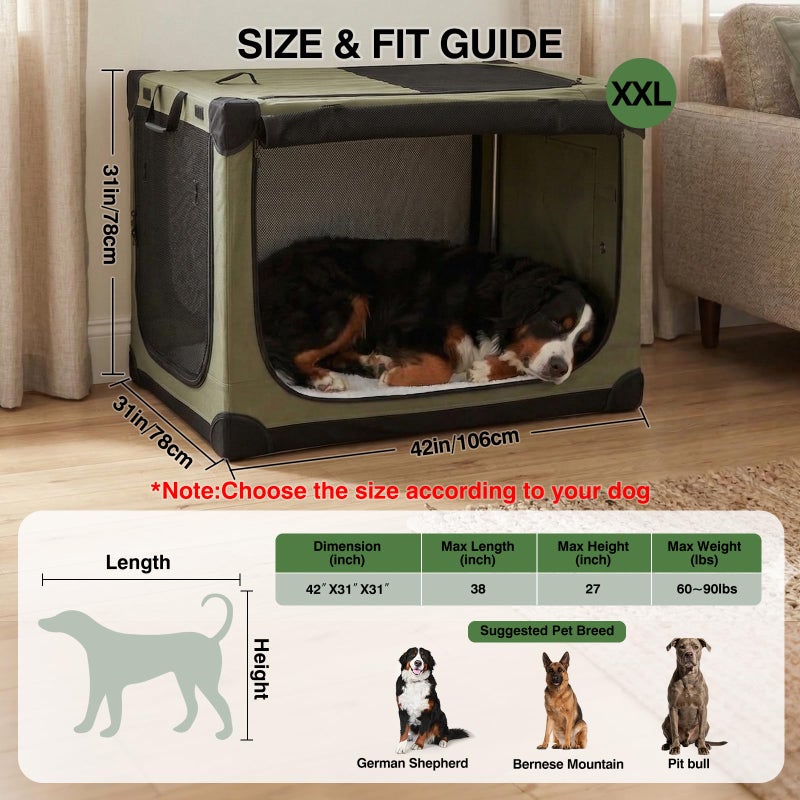 Veraste 42" L x 31" W x 31" H Collapsible Travel Dog Crate, Quick-Setup Portable Soft Dog Kennel for Large Dogs up to 90 lbs, 4-Door Foldable Travel Crate with Storage Bag, Green - Image 2