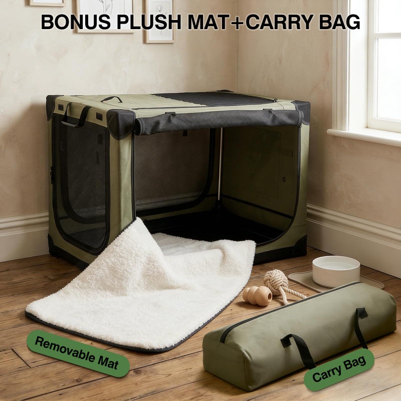 Veraste 42" L x 31" W x 31" H Collapsible Travel Dog Crate, Quick-Setup Portable Soft Dog Kennel for Large Dogs up to 90 lbs, 4-Door Foldable Travel Crate with Storage Bag, Green - Image 3