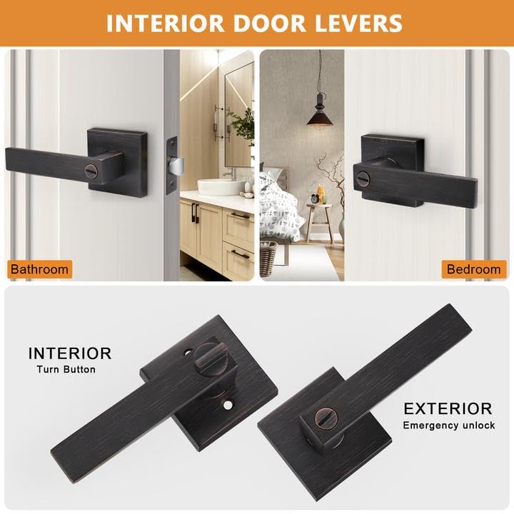 Probrico 10 Pack Commercial Heavy Duty Privacy Door Levers, Flat Style Door Handle Set for Bed and Bath, Left or Right Handing Leverset Lockset, Oil Rubbed Bronze Finish - Image 2