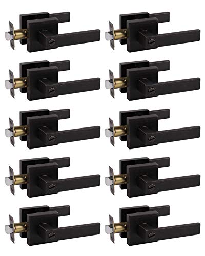 Probrico 10 Pack Commercial Heavy Duty Privacy Door Levers, Flat Style Door Handle Set for Bed and Bath, Left or Right Handing Leverset Lockset, Oil Rubbed Bronze Finish - Image 1