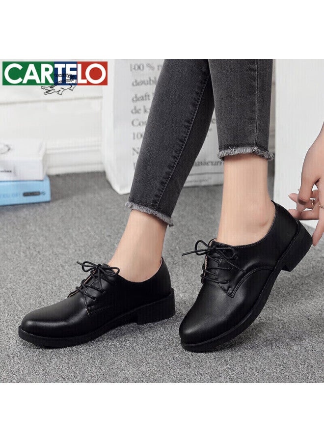 Cartelo Versatile British Style Leather Shoes For Women, Simple Lace-up Flats, Kdlbl-9357, Black, Size 39 - Image 3