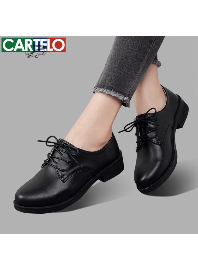 Cartelo Versatile British Style Leather Shoes For Women, Simple Lace-up Flats, Kdlbl-9357, Black, Size 39 - Image 1