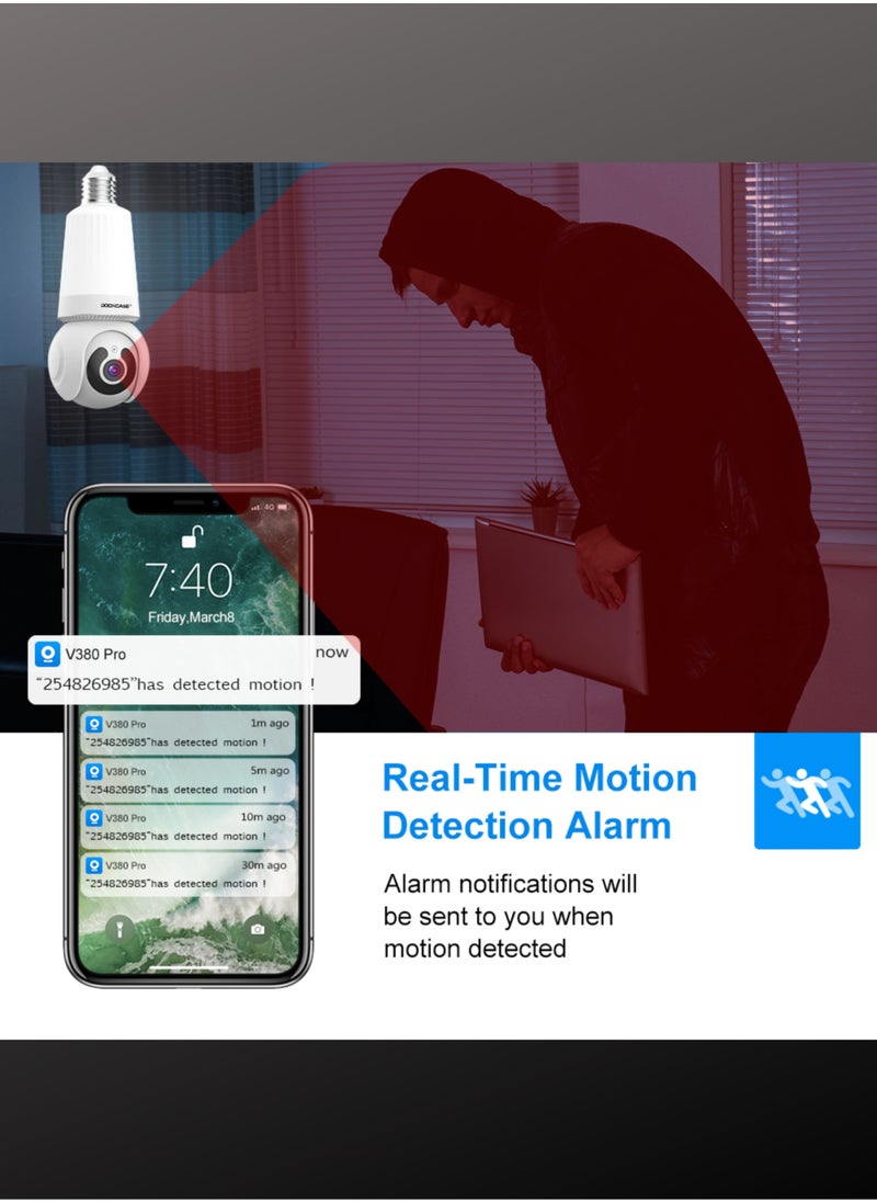 DOCKCASE - Smart 1080P Wireless WIFI Light Bulb Security Camera, 360 Degrees 3.0MP Cam Home Surveillance CCTV Panoramic IP Camera - Image 1