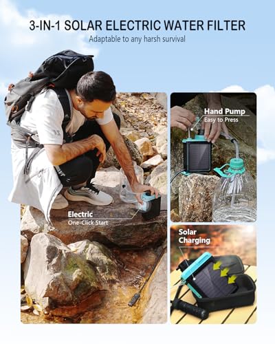BKLES 3in1 Solar Electric Water Filter with Hand Pump Camping Water Filtration System Survival Portable Water Purifier with Emergency Light Survival Kit for Backpacking Birthday Gifts for Men - Image 3
