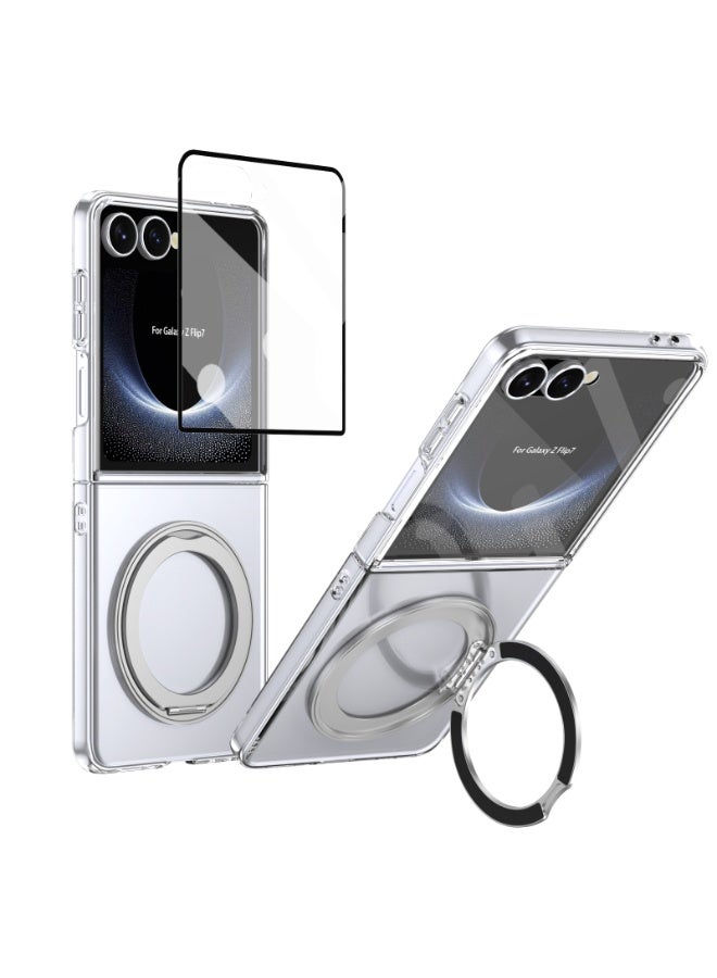 Magnetic for Samsung Galaxy Z Flip 7 Case, with Screen Protector Rotating Kickstand, Wireless Charging, Silver  - Image 1