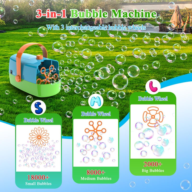 Wisdomlit Bubble Machine 3in1 Bubble Maker Bubble Blower with 3 Bubble Wheels Make Small  Medium  Big Bubbles for Kids Toddlers Bubble Toys for Indoor Outdoor Birthday Party MultiColor - Image 3