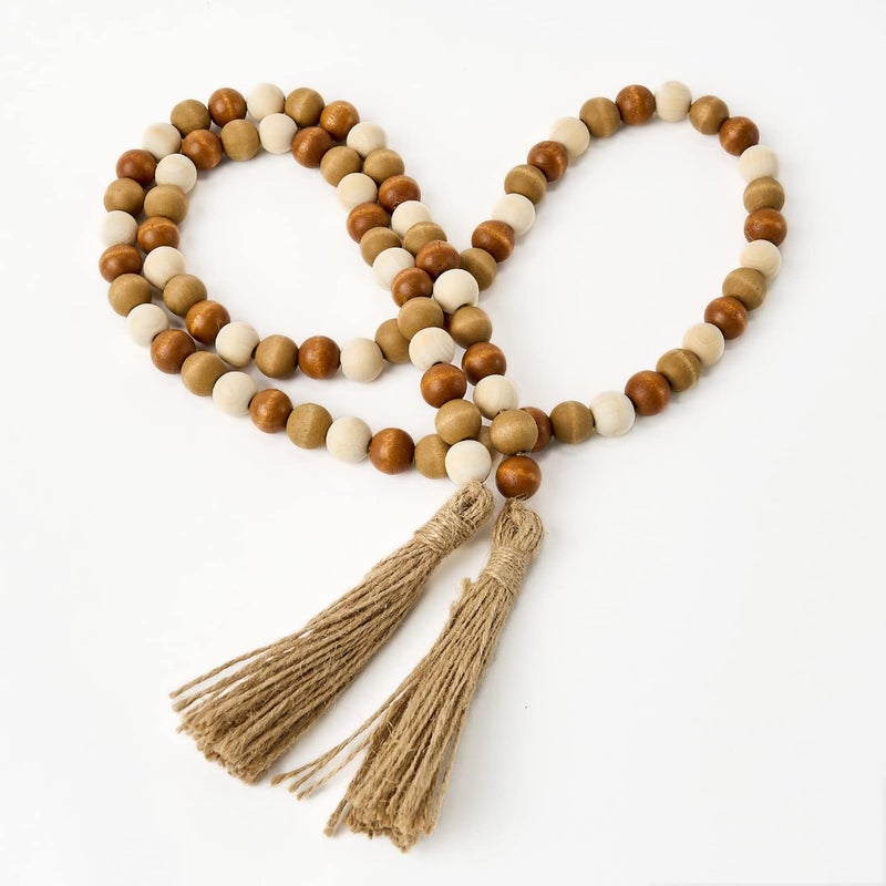OMISHE 59in Wood Bead Garland with Tassels, Wooden Beads Garland, Decorative Beads Garland Decor, Farmhouse Beads Garland for Wall Hanging Home Festival Decor, Brown and Beige - Image 1