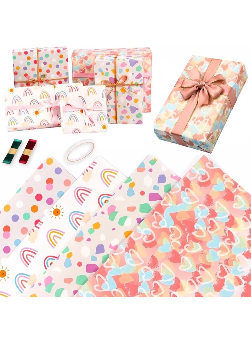 مجموعة ورق تغليف الهدايا من 4 قطع، مجموعة ورق تغليف الهدايا 50 × 70 ورق تغليف هدايا عيد الميلاد، ملصقات هدايا، شريط لاصق مزدوج الجوانب، وحبل تغليف - ورق صديق للبيئة وقابل لإعادة التدوير - Image 1