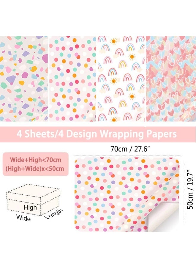 مجموعة ورق تغليف الهدايا من 4 قطع، مجموعة ورق تغليف الهدايا 50 × 70 ورق تغليف هدايا عيد الميلاد، ملصقات هدايا، شريط لاصق مزدوج الجوانب، وحبل تغليف - ورق صديق للبيئة وقابل لإعادة التدوير - Image 2