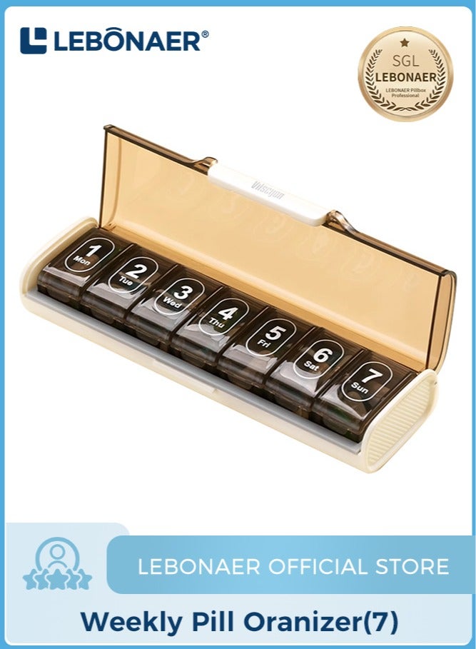 لبونير علبة أقراص أسبوعية (7 أيام)، مخطط أدوية، علبة منظمة للأدوية، علبة منظمة للفيتامينات، مريحة وسهلة الاستخدام، مقصورات كبيرة، ملائمة للسفر، خالية من مادة BPA (بني) - Image 1