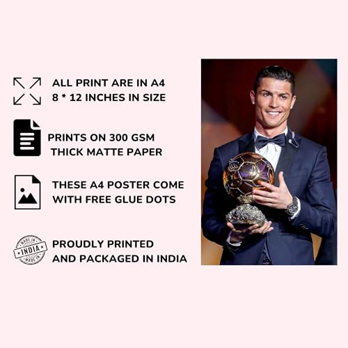 Posters Inc Cristiano Ronaldo Posters Set of 12 | A4 Size 300 GSM HD Print Football Wall Art | Real Madrid, Al Nasser & Portugal Clubs | Room Decor & Birthday Gifts for Men | Glue Dots Included - Image 4