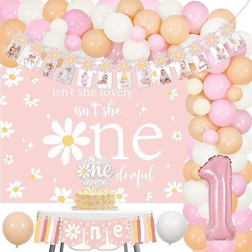 Cheereveal Daisy 1st Birthday Decorations Girl Isnt She Lovely Isnt She Onederful Backdrop Cake Topper with Daisy Balloon Garland Arch Kit Boho Hippie Baby Girl First Bday Supplies - Image 1