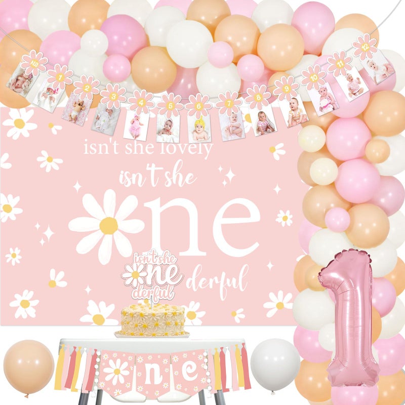 Cheereveal Daisy 1st Birthday Decorations Girl Isnt She Lovely Isnt She Onederful Backdrop Cake Topper with Daisy Balloon Garland Arch Kit Boho Hippie Baby Girl First Bday Supplies - Image 2