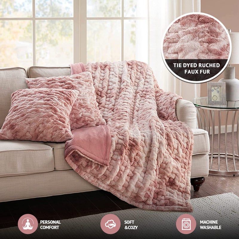 Comfort Spaces Ruched Faux Fur Plush Throw Blanket and Pillow Set with 2 Matching Square Pillow Covers Sofa Throw Blanket for Living Room, Chair, Couch, Home Office Fuzzy Soft Blush Tie Dye 50"x 60" - Image 3