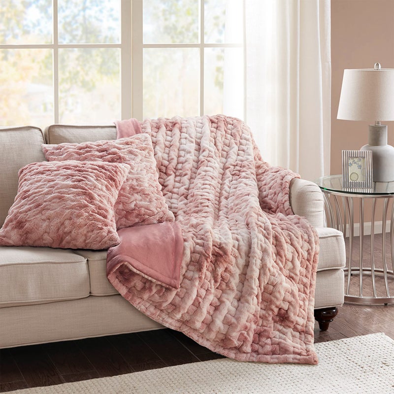 Comfort Spaces Ruched Faux Fur Plush Throw Blanket and Pillow Set with 2 Matching Square Pillow Covers Sofa Throw Blanket for Living Room, Chair, Couch, Home Office Fuzzy Soft Blush Tie Dye 50"x 60" - Image 1
