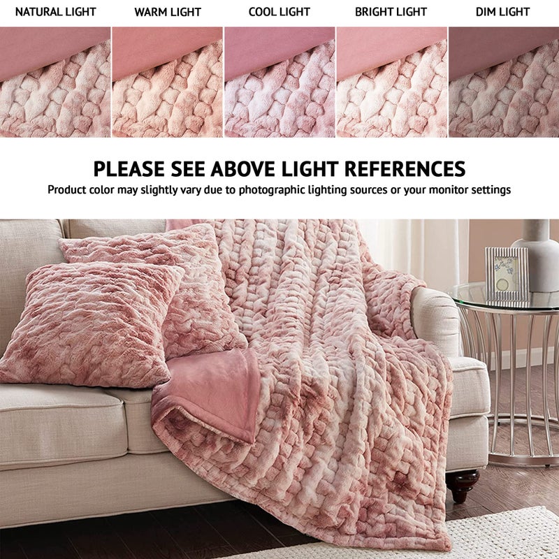 Comfort Spaces Ruched Faux Fur Plush Throw Blanket and Pillow Set with 2 Matching Square Pillow Covers Sofa Throw Blanket for Living Room, Chair, Couch, Home Office Fuzzy Soft Blush Tie Dye 50"x 60" - Image 2