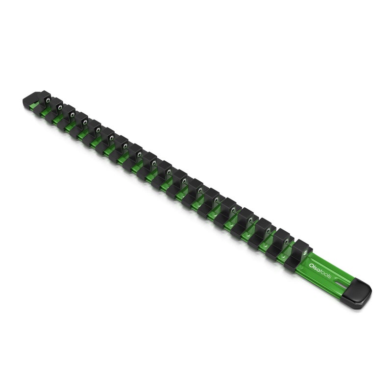Olsa Tools Socket Organizer 38Inch Drive Green Holder Stores 18 Chrome or Impact Sockets Durable Rail Storage for Mechanics Professional Grade Metric or SAE Socket Organizer Part 1014